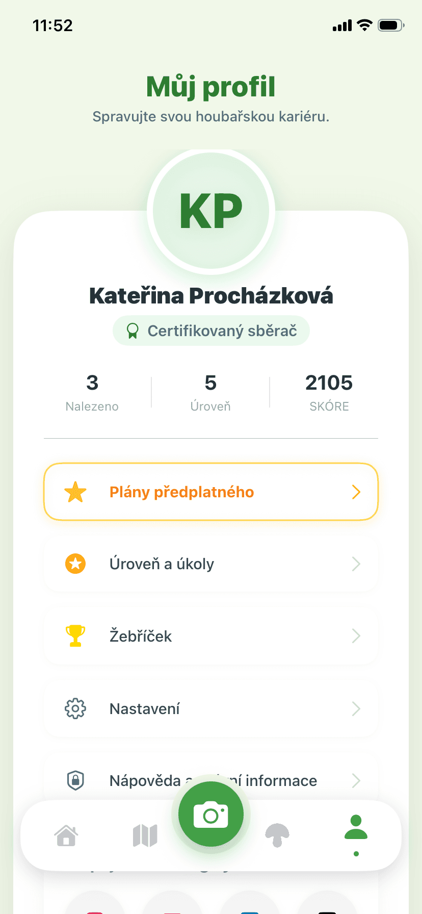 Obrazovka profilu