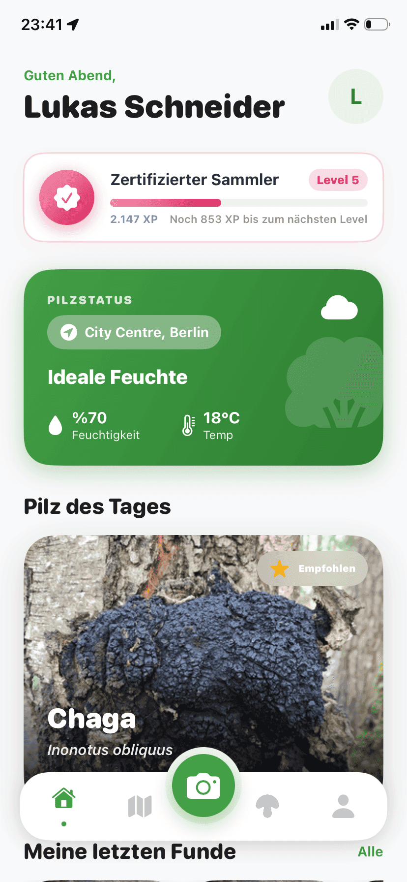 Fungisys home screen showing AI mushroom discovery dashboard