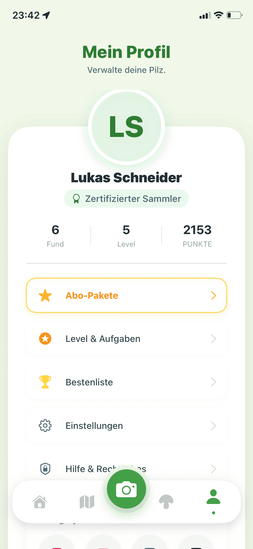 Fungisys Profilseite app screen