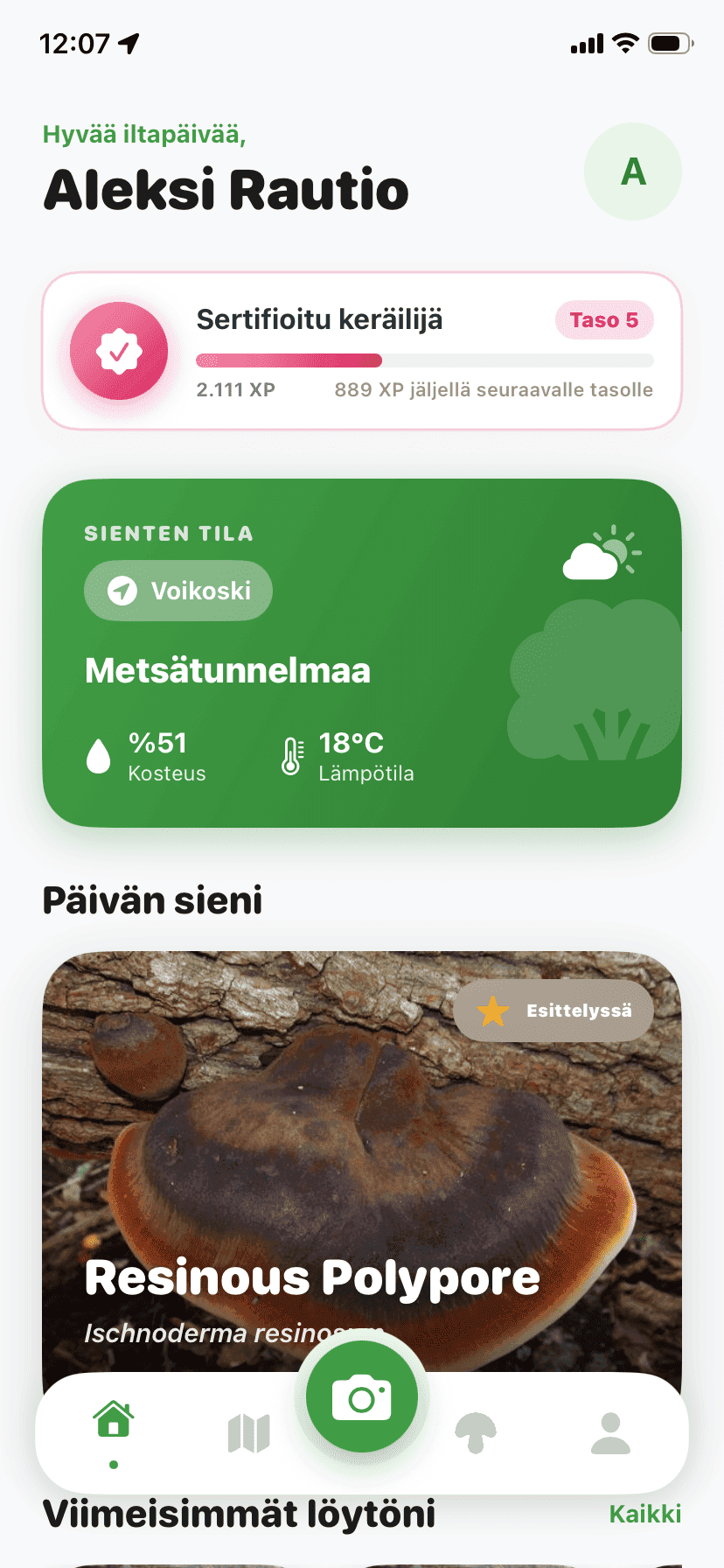 Fungisys home screen showing AI mushroom discovery dashboard