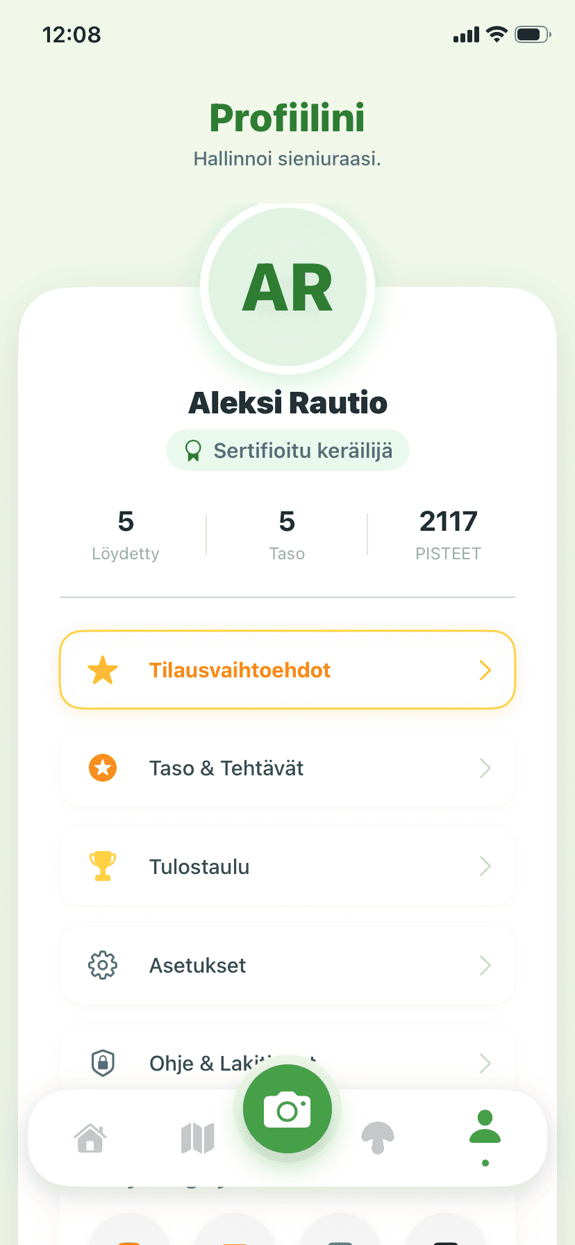 Fungisys Profiilinäyttö app screen