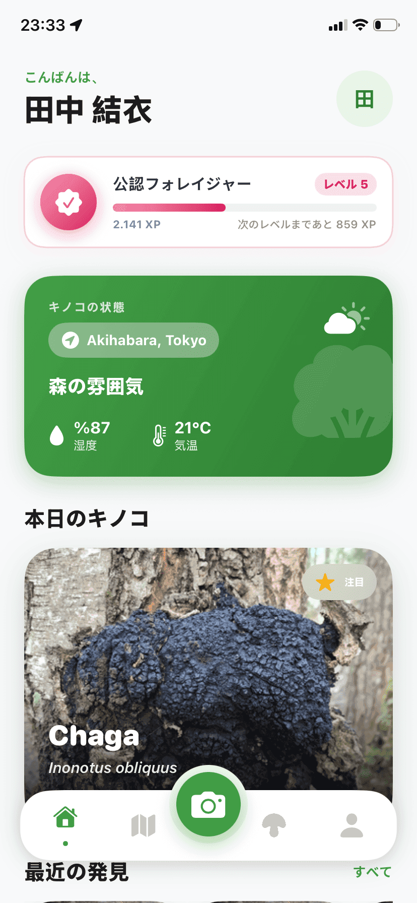 Fungisys home screen showing AI mushroom discovery dashboard