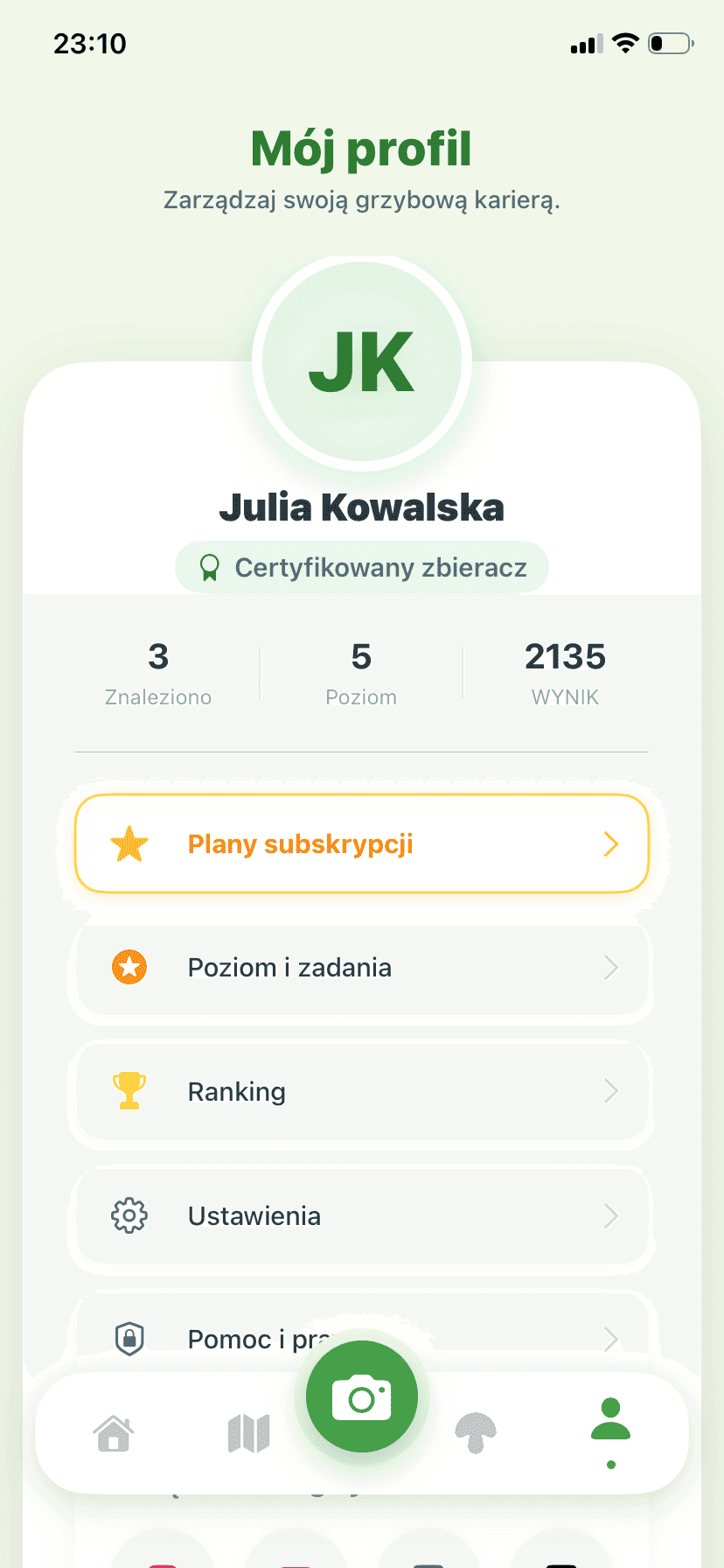 Fungisys Ekran profilu app screen