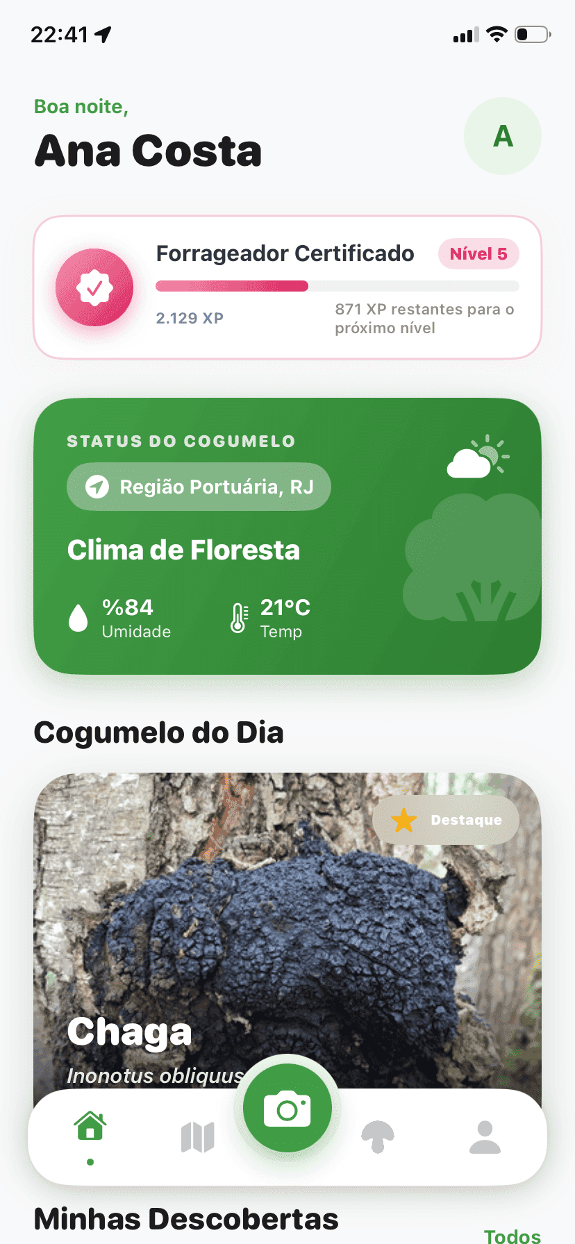 Fungisys home screen showing AI mushroom discovery dashboard