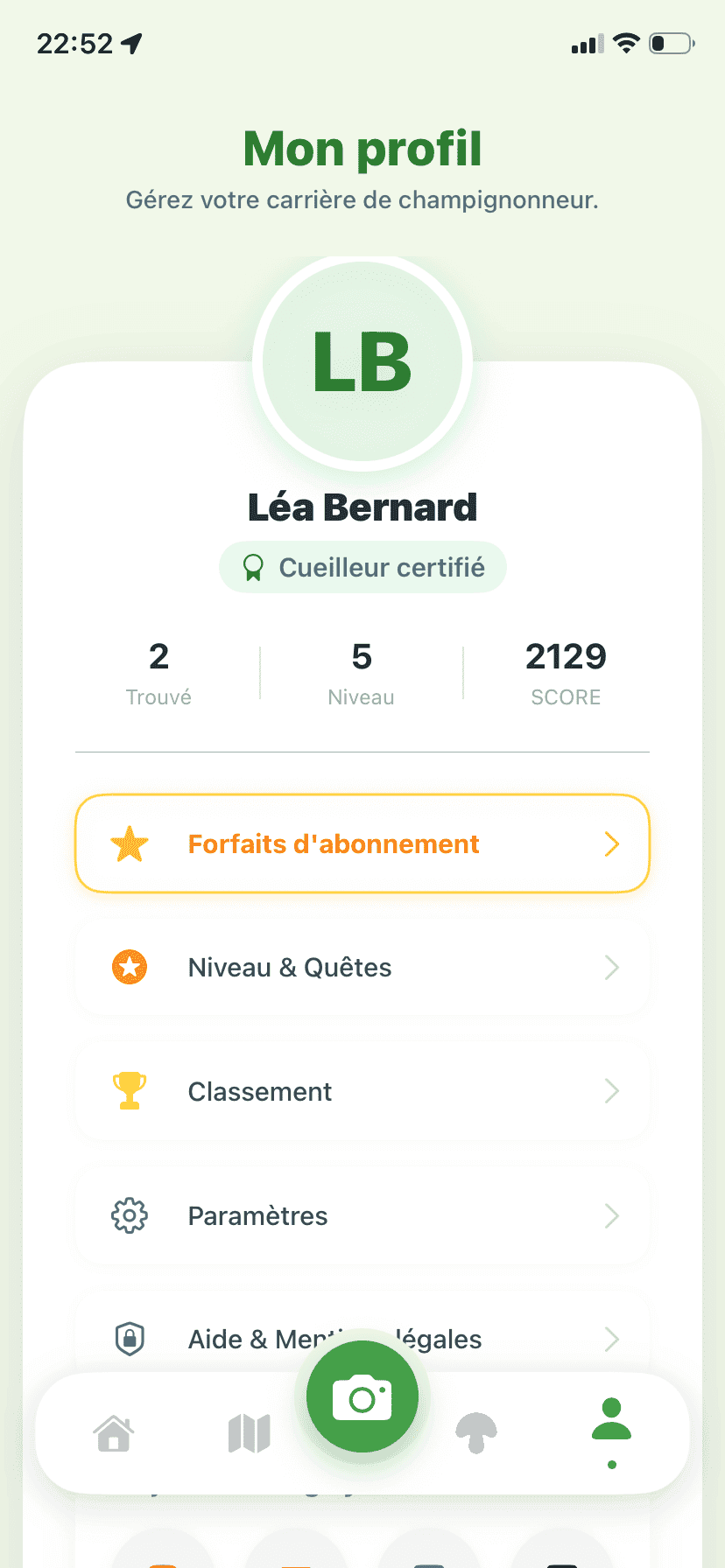 Fungisys Écran Profil app screen