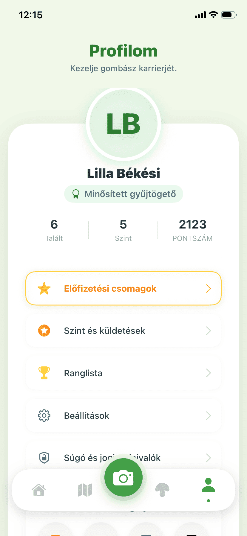 Fungisys Profilképernyő app screen