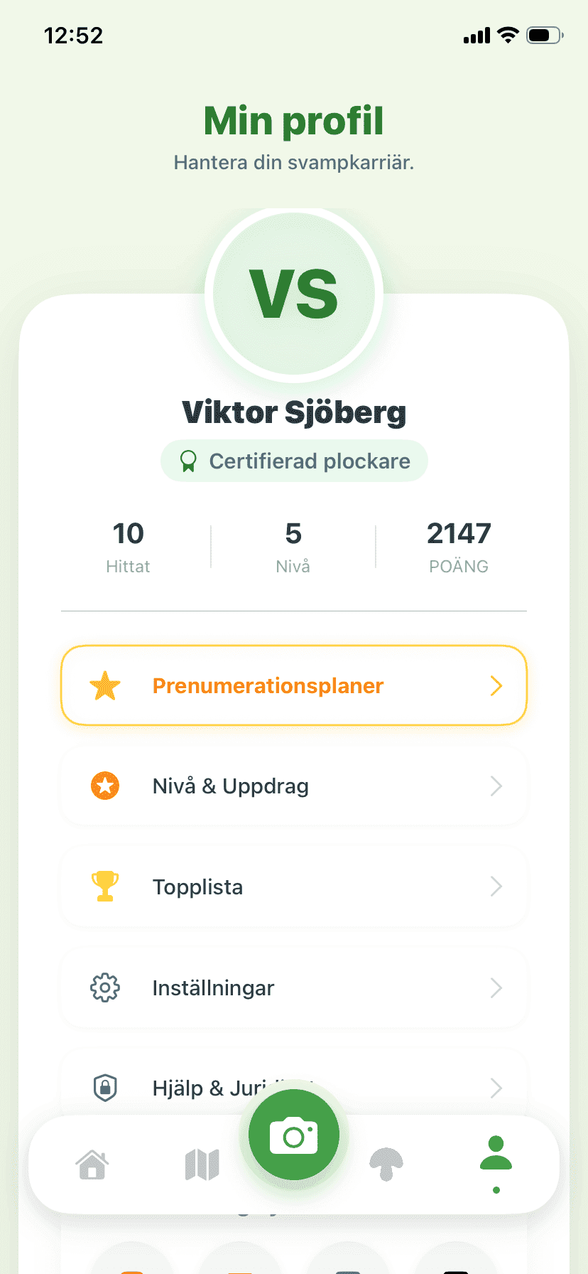 Fungisys Profilskärm app screen